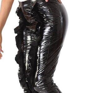Black Ruffle Detailed Faux Leather Pant